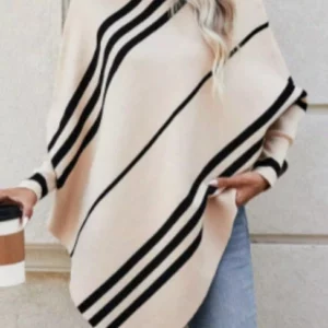 Women's sweater with irregular stripes, half high neck, bat sleeves, pullover, knitted sweater, fashionable shawl, cloak - Image 4