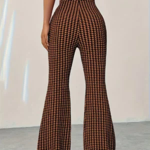 Elastic high waisted herringbone printed flared pants, fashionable casual pants, comfortable micro flared pants - Image 2