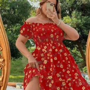 Women's Summer Loose Off Shoulder Dress Stylish Floral Print Vacation Style Boat Neck Short Sleeve A-Line Mini Plus Size Dresses - Image 4