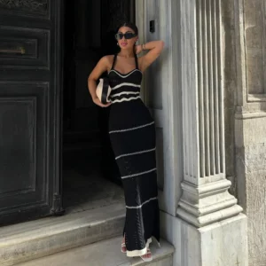 Summer Knit Bohemian Halter Dress Hollow Striped Out Pure Slim-fit Buttock Wrap Maxi Summer Sexy Vneck Dress O-Neck Vestidos - Image 1