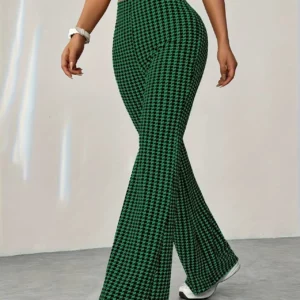 Elastic high waisted herringbone printed flared pants, fashionable casual pants, comfortable micro flared pants - Image 3