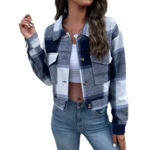 2024 Print Plaid Turn Down Collar Women Full Sleeve Cardigan Short Coats Autumn Winter Single Breasted Button Regular Jackets - Image 5