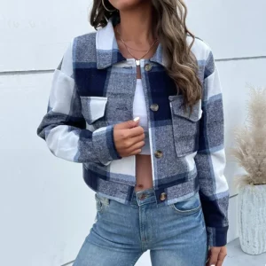 2024 Print Plaid Turn Down Collar Women Full Sleeve Cardigan Short Coats Autumn Winter Single Breasted Button Regular Jackets - Image 2