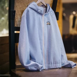 Maden Casual Blue White Striped Hooded Shirt Women's Spring Seersucker Vacation Style Blouse Lightweight Layering Beach Shirts - Image 5