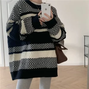 Striped Sweaters Women Loose Slouchy Casual Pullovers All-match Autumn Winter Keep Warm Knitwear Vintage Temper Tender Daily Ins - Image 2