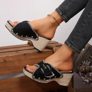Women'S Thick Heel Metal Buckle Slippers With Straight Strap Beach Sandals Western Cowboy Style Chunky Heel Platform Slippers - Image 6