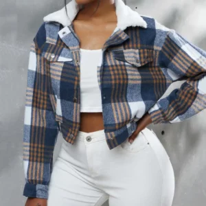 Women Coat Short Type Plaid Print Turn-down Collar Long Sleeves Coat Stretchy Hem Single-breasted Fall Winter Jacket - Image 2