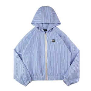 Maden Casual Blue White Striped Hooded Shirt Women's Spring Seersucker Vacation Style Blouse Lightweight Layering Beach Shirts - Image 6