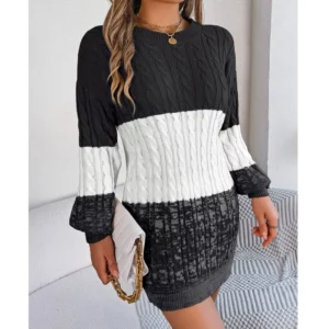 Women's Knitted Sweater Dress New Color Blocked Autumn And Winter Elegant Square Collar Button Long Sleeve Sweater Bag Hip Skirt - Image 4
