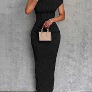 Fashion Water Ripple Slanted Shoulder Dress Women's Elegant And Simple Solid Color A-line Collar Mid-waist Sexy Hip Wrap Skirt - Image 2