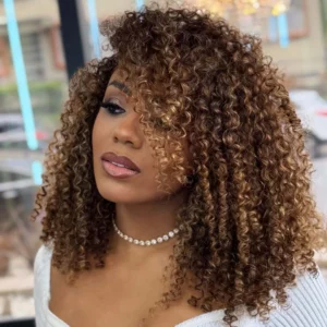 Highlight Brown Afro Kinky Curly Short Bob Human Hair Wigs For Women Brazilian Remy Hair Full Machine Made Glueless Colored Wig - Image 2