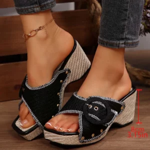 Women'S Thick Heel Metal Buckle Slippers With Straight Strap Beach Sandals Western Cowboy Style Chunky Heel Platform Slippers - Image 4