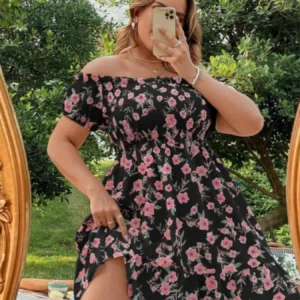 Women's Summer Loose Off Shoulder Dress Stylish Floral Print Vacation Style Boat Neck Short Sleeve A-Line Mini Plus Size Dresses - Image 6