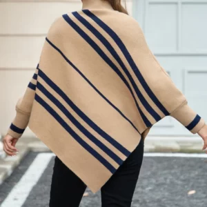 Women's sweater with irregular stripes, half high neck, bat sleeves, pullover, knitted sweater, fashionable shawl, cloak - Image 3