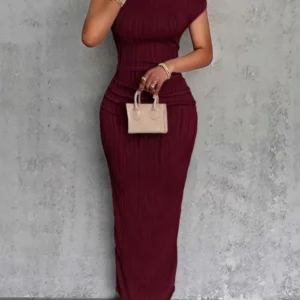 Fashion Water Ripple Slanted Shoulder Dress Women's Elegant And Simple Solid Color A-line Collar Mid-waist Sexy Hip Wrap Skirt - Image 1