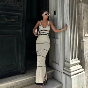 Summer Knit Bohemian Halter Dress Hollow Striped Out Pure Slim-fit Buttock Wrap Maxi Summer Sexy Vneck Dress O-Neck Vestidos - Image 2