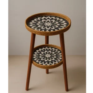 Double-Layer Rattan Coffee Table with Wood Legs, Artistic Mosaic Top, Rustic Boho Decor Table for Indoors and Outdoors - Image 5