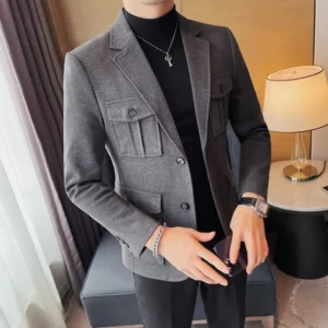 Winter Woolen Suit Jacket for Men Multiple Pockets Slim Fit Casual Business Blazers Masculino Wedding Streetwear Social Coats - Image 4