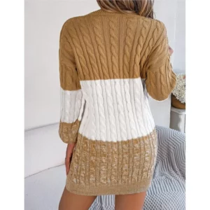 Women's Knitted Sweater Dress New Color Blocked Autumn And Winter Elegant Square Collar Button Long Sleeve Sweater Bag Hip Skirt - Image 2