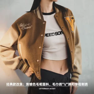 Maden Vintage Collegiate Baseball Jacket with Letter Embroidery Woolen Thicker Short Versatile Coat for Women's Fall and Winter - Image 4