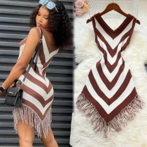 YuooMuoo Chic Fashion Sexy Wrap Hips Stripes Tassel Mini Dress 2025 Summer Elegant V-neck Knitted Bodycon Party Dress Streetwear - Image 1