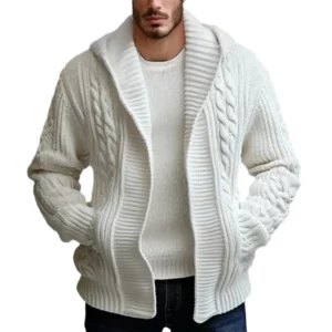 Men Cardigan Sweaters Hooded Coat Full Sleeve Solid Coats Casual Loose Outerwear Splice Open Stitch Autumn Winter 2024 - Image 5
