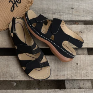 2025 new style of thick-soled hollowed-out slope and Roman Velcro solid color breathable toe-exposing women's sandals - Image 4