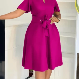 Women's plus Size Swing Dress Summer 2025 Fashion Temperament Solid Color Lace-Up Short-Sleeved Elegant Casual Maxi Dress - Image 4
