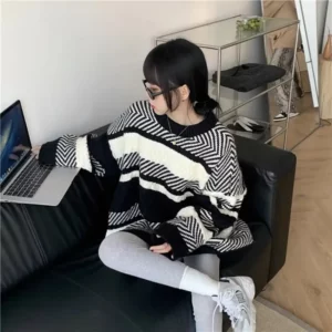 Striped Sweaters Women Loose Slouchy Casual Pullovers All-match Autumn Winter Keep Warm Knitwear Vintage Temper Tender Daily Ins - Image 5
