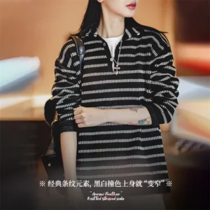 Maden Arrow Feature Knitted Striped Polo for Women Soft and Comfortable Sweater Autumn and Winter Unisex Thick Pullover - Image 3