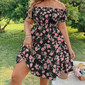 Women's Summer Loose Off Shoulder Dress Stylish Floral Print Vacation Style Boat Neck Short Sleeve A-Line Mini Plus Size Dresses - Image 1