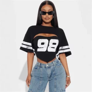 2025 summer new cross-border casual loose sports style printed strapless hot girl pullover short sleeved top T-shirt for women - Image 4