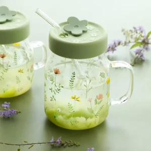 600/780ml Grass Pattern Mug With Straw And Lid Glass Tumbler With Graduated Heat Resistant Cup For Coffee Milk Drinkware - Image 2