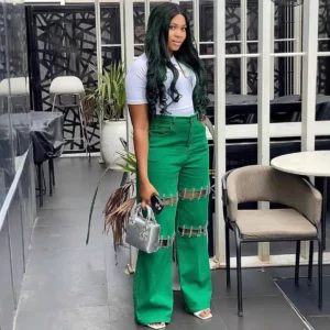 New Casual Empty Nail and Chain Stitching Jeans. Women's Spring Summer Fashion Solid-colored Loose High-waisted Wide-leg Jeans - Image 4