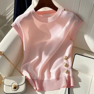 French Light Luxury Style Beautiful Pink Round Neck Knitted Sleeveless T-shirt for Women in Summer Chic Age-reducing Top - Image 2