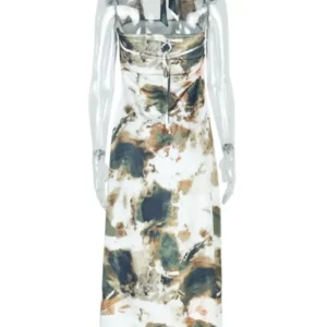 Joskaa Tie Dye Print 2 Piece Sets Women Sexy Backless Bandage Halter Vests and Ruched Maxi Skirt Matched 2025 Vacation Beachwear - Image 5