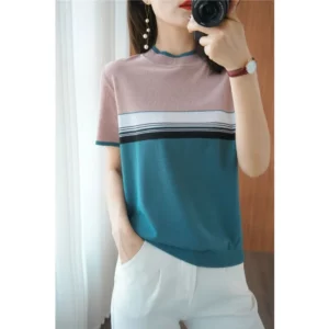 Women's Short-sleeved Thin Rainbow Striped Commuter O-Neck T-shirt Slim-fitting Simple Summer Large-size Ice Silk Knitted Top - Image 4