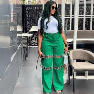 New Casual Empty Nail and Chain Stitching Jeans. Women's Spring Summer Fashion Solid-colored Loose High-waisted Wide-leg Jeans - Image 3