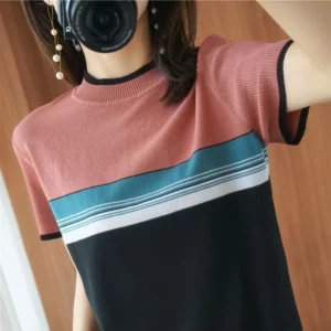 Women's Short-sleeved Thin Rainbow Striped Commuter O-Neck T-shirt Slim-fitting Simple Summer Large-size Ice Silk Knitted Top - Image 3