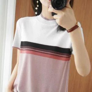 Women's Short-sleeved Thin Rainbow Striped Commuter O-Neck T-shirt Slim-fitting Simple Summer Large-size Ice Silk Knitted Top - Image 2