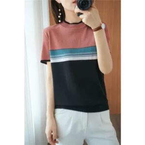 Women's Short-sleeved Thin Rainbow Striped Commuter O-Neck T-shirt Slim-fitting Simple Summer Large-size Ice Silk Knitted Top - Image 5