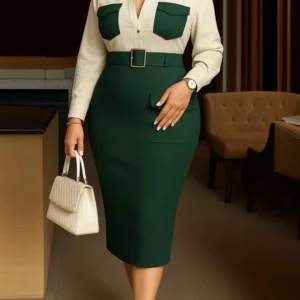 Elegant Church Dresses Long Sleeves Turn Down Collar Women Color Block Patchwork Office Ladies Work Business Autumn African New - Image 2