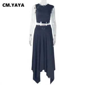 CM.YAYA Fashion Sexy Women's Dress Set Sleeve Tank Tops and Irregular Big Swing Maxi Skirts 2025 Party Two 2 Piece Sets Outfits - Image 6