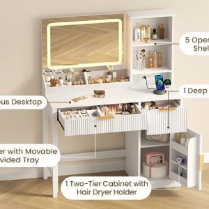 Fluted Vanity Desk with Mirror, LED Lights & Charging Station, White Makeup Vanity Table with Drawers and Shelves, Vanity Table with Hidden Space & Cabinet, Large Wooden Dressing Table ,Bedroom - Image 5