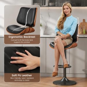 Swivel Bar Stools 3PCS, Adjustable Bentwood Barstools for Kitchen Counter Modern PU Leather Upholstered Bar Chair with Back and Footrest, for Kitchen Island, Bar, Dining Room, Black - Image 4