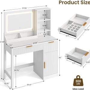 Fluted Vanity Desk with Mirror, LED Lights & Charging Station, White Makeup Vanity Table with Drawers and Shelves, Vanity Table with Hidden Space & Cabinet, Large Wooden Dressing Table ,Bedroom - Image 2