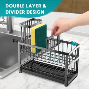 Sinnsally Kitchen Sponge Holder,Sink Caddy Organizer with High Brush Holder,Stainless Steel Sink Box Dish Scrubber Holder,Soap Tray for Kitchen Counter Accessories & Storage Rack(2 Tier - Black) - Image 4