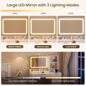 Fluted Vanity Desk with Mirror, LED Lights & Charging Station, White Makeup Vanity Table with Drawers and Shelves, Vanity Table with Hidden Space & Cabinet, Large Wooden Dressing Table ,Bedroom - Image 3