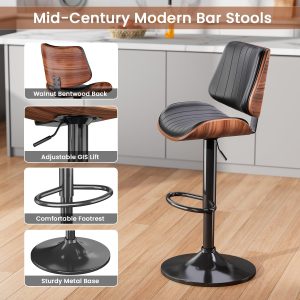 Swivel Bar Stools 3PCS, Adjustable Bentwood Barstools for Kitchen Counter Modern PU Leather Upholstered Bar Chair with Back and Footrest, for Kitchen Island, Bar, Dining Room, Black - Image 6