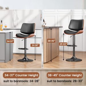 Swivel Bar Stools 3PCS, Adjustable Bentwood Barstools for Kitchen Counter Modern PU Leather Upholstered Bar Chair with Back and Footrest, for Kitchen Island, Bar, Dining Room, Black - Image 5